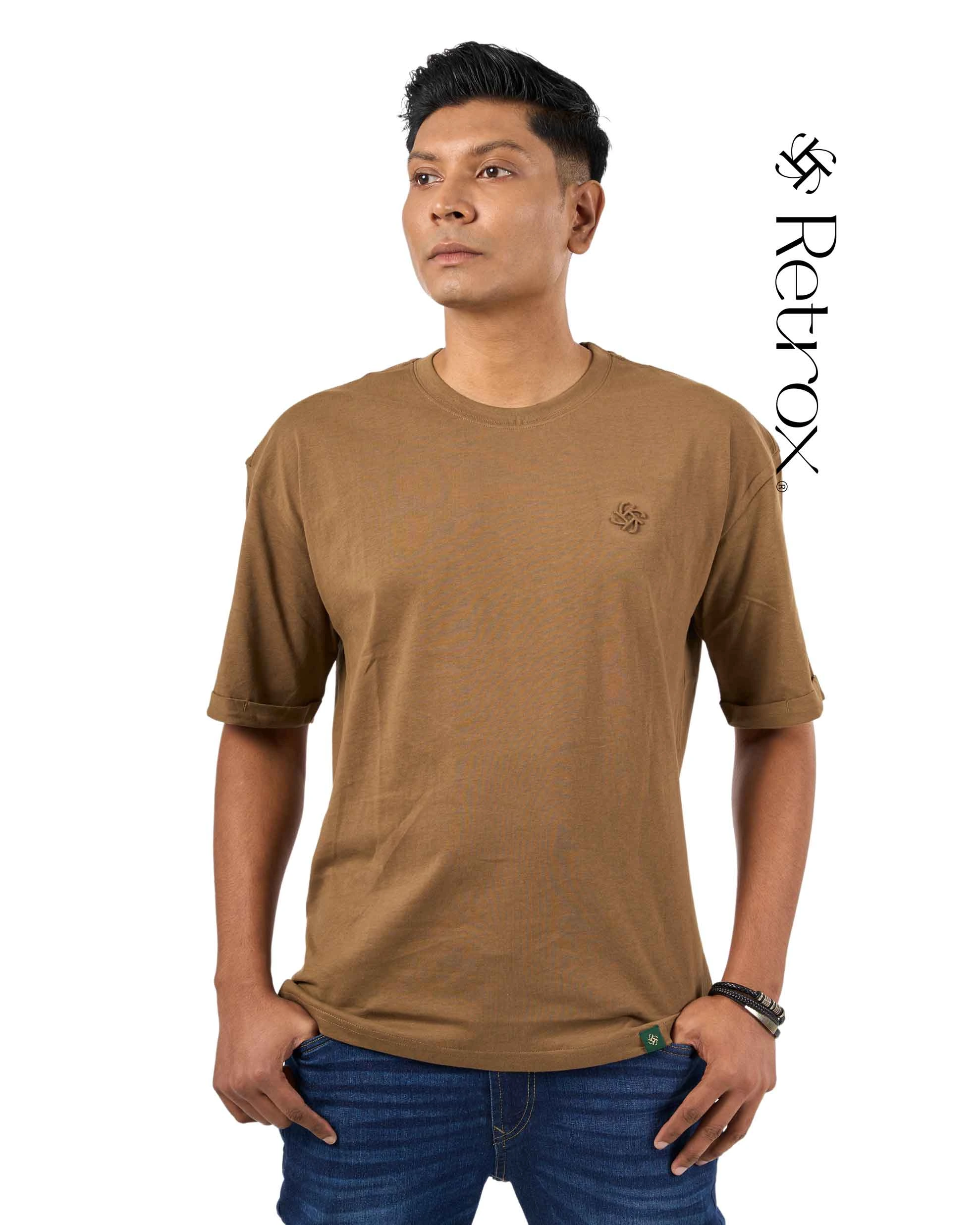 Military Brown Solid Color Embossed Logo Crewneck Drop Shoulder - Image 2