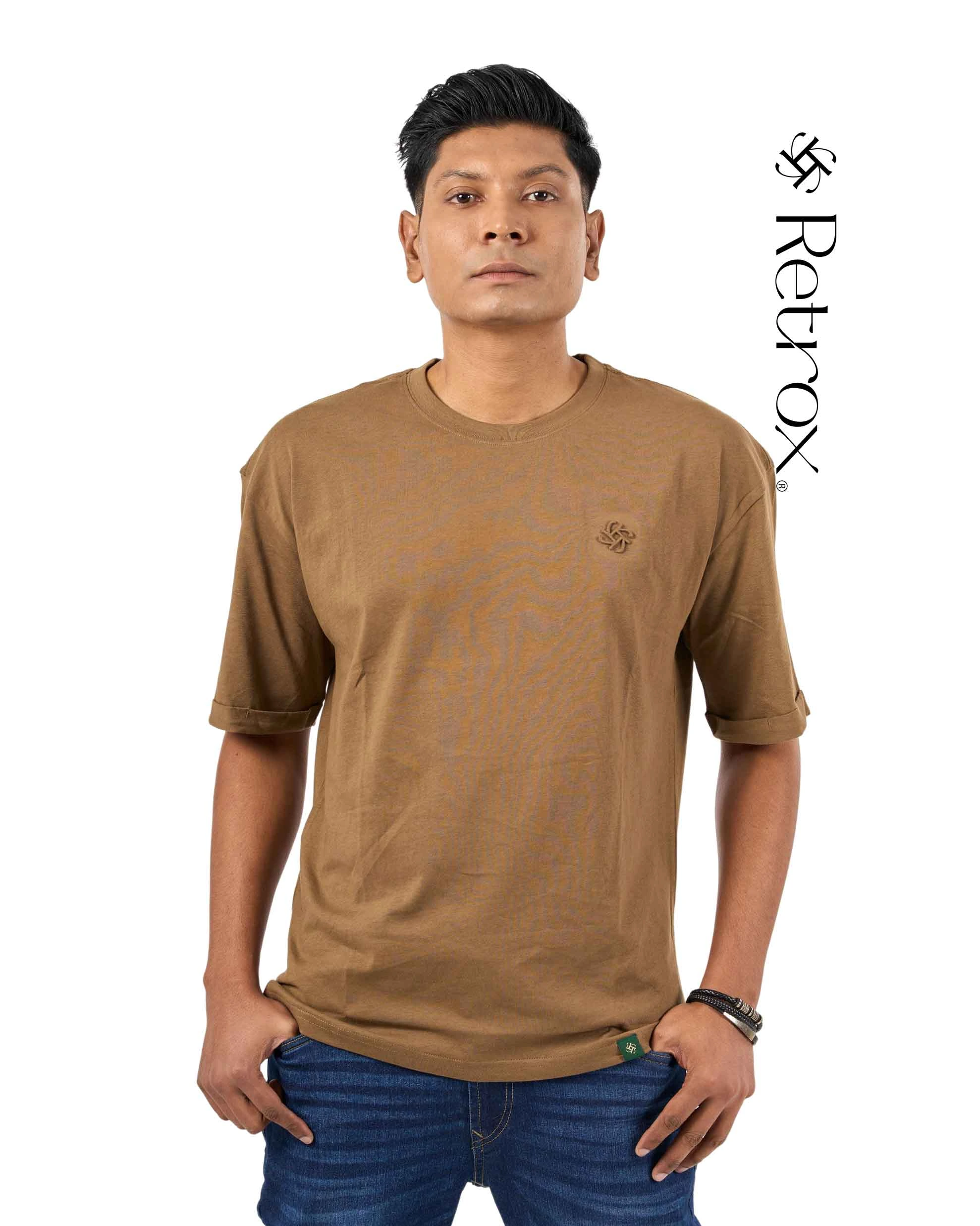 Military Brown Solid Color Embossed Logo Crewneck Drop Shoulder