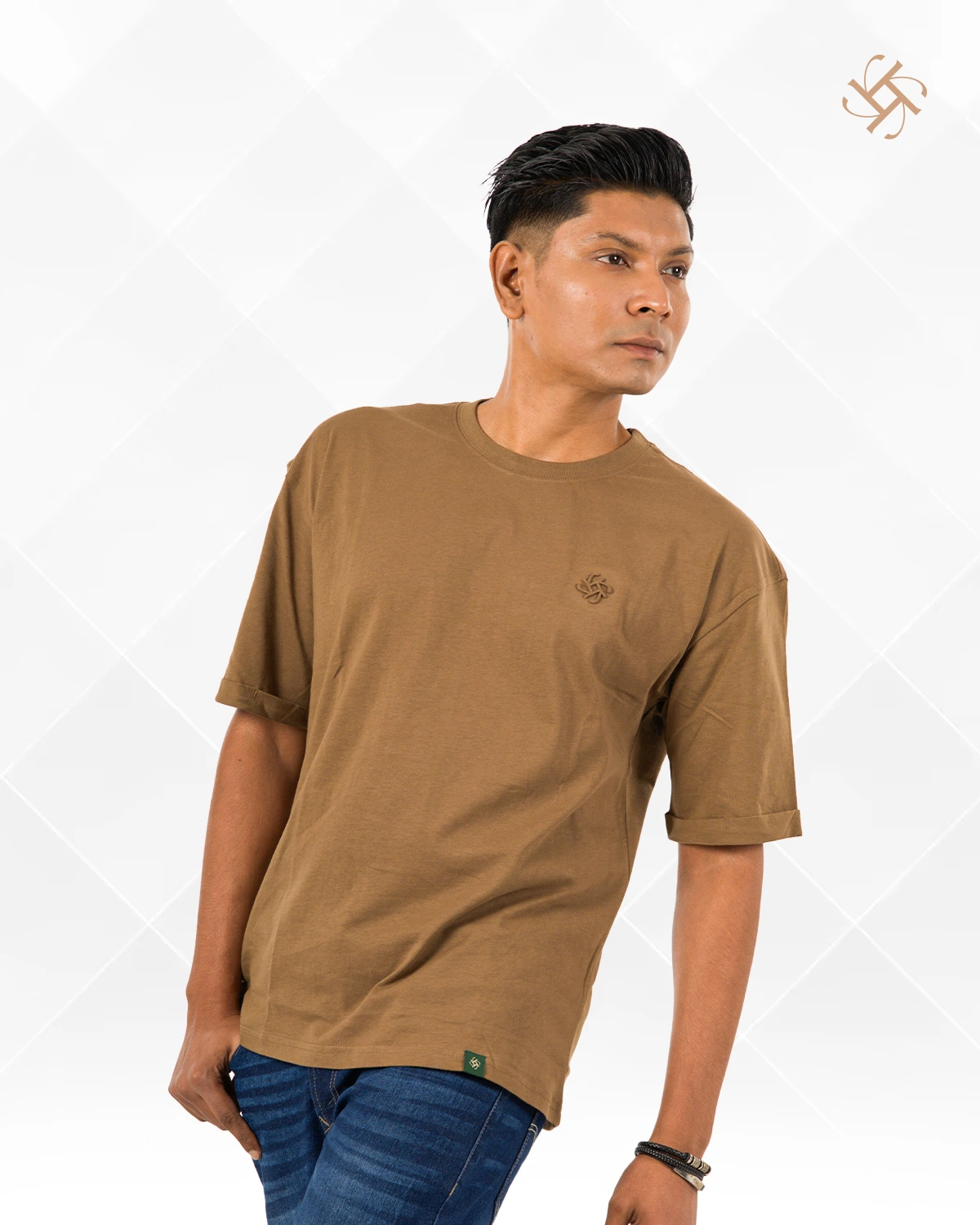 Military Brown Solid Color Embossed Logo Crewneck Drop Shoulder - Image 3