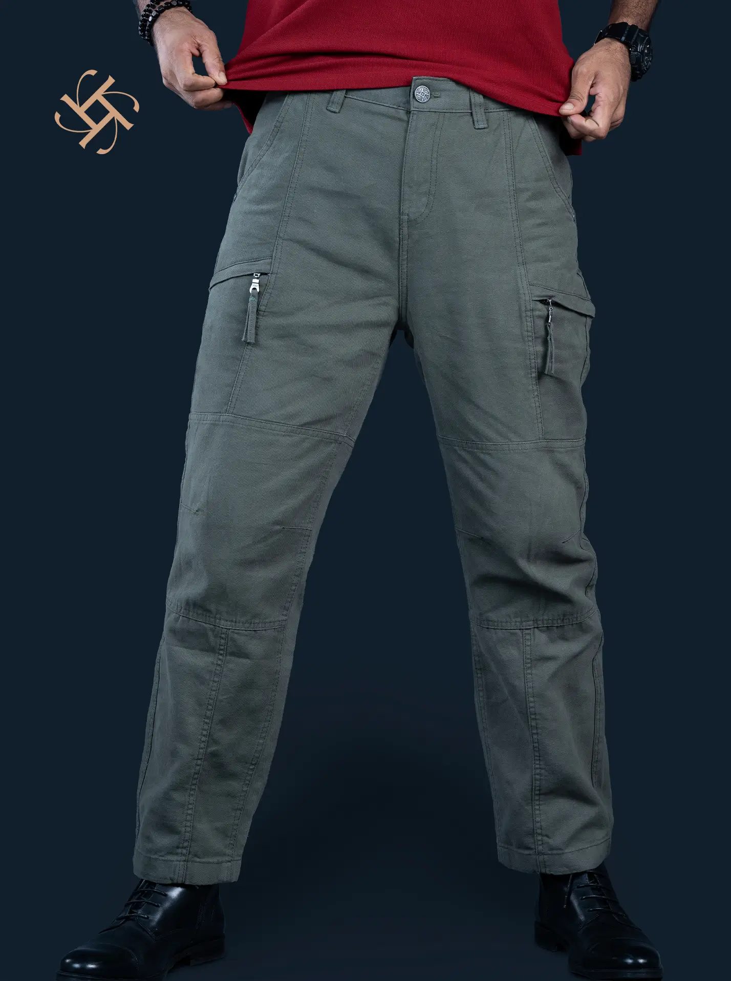 Baggy Fit Zipper Pocket Cargo Pants – Olive - Image 2