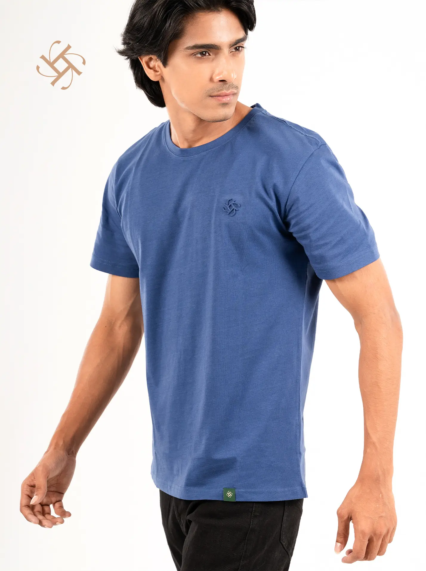 Dark Blue Solid Color Embossed Logo Crewneck Regular Fit Luxury Addition Cotton Tee - Image 2