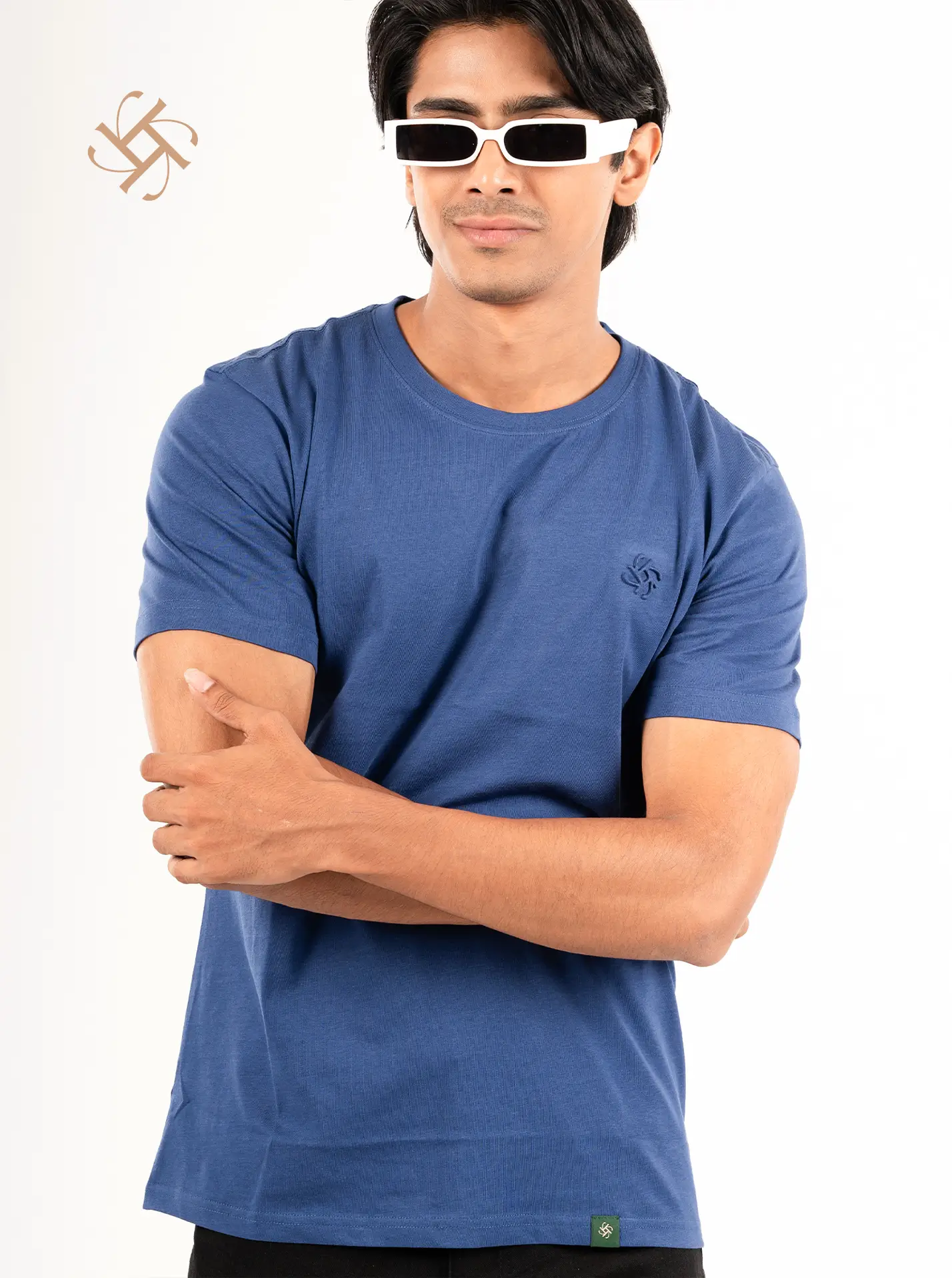 Dark Blue Solid Color Embossed Logo Crewneck Regular Fit Luxury Addition Cotton Tee