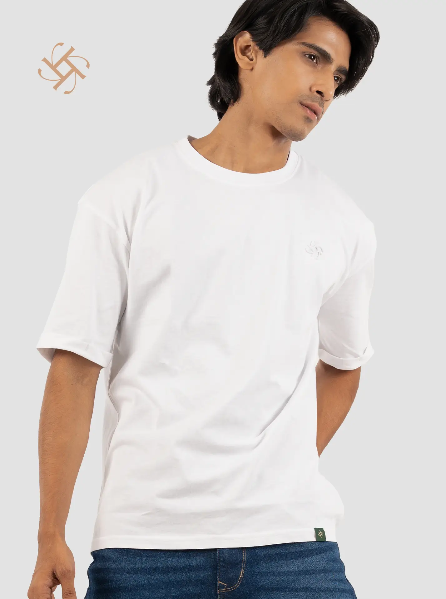 White Solid Color Embossed Logo Crewneck Drop Shoulder