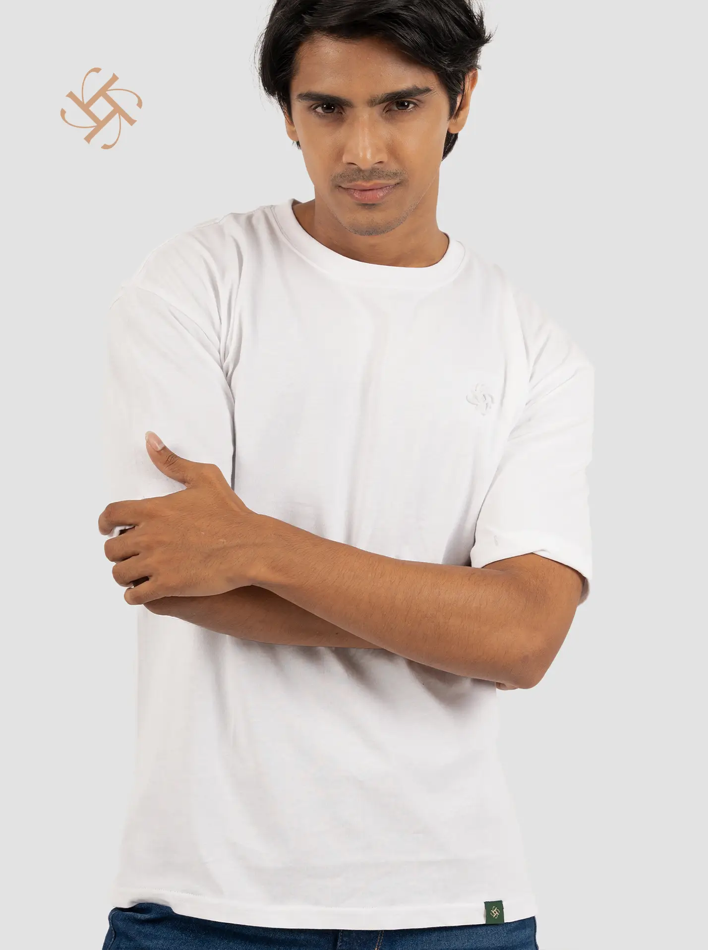 White Solid Color Embossed Logo Crewneck Drop Shoulder - Image 3